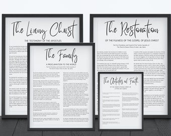 Lot de 4 proclamations LDS : le Christ vivant, les articles de foi, la proclamation de la famille, la restauration ; Fichiers imprimables/numériques