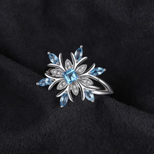 Handcrafted Sterling Silver Snowflake || Blue Topaz || Cocktail Ring || Stacking Ring || Gift For Her with Genuine Blue Topaz.