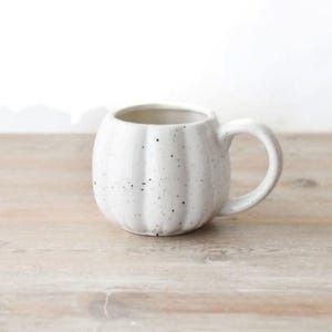 May include: A white ceramic mug shaped like a pumpkin, featuring a curved handle. The mug has a speckled finish and vertical ridges, creating a textured look. The inside is plain white.