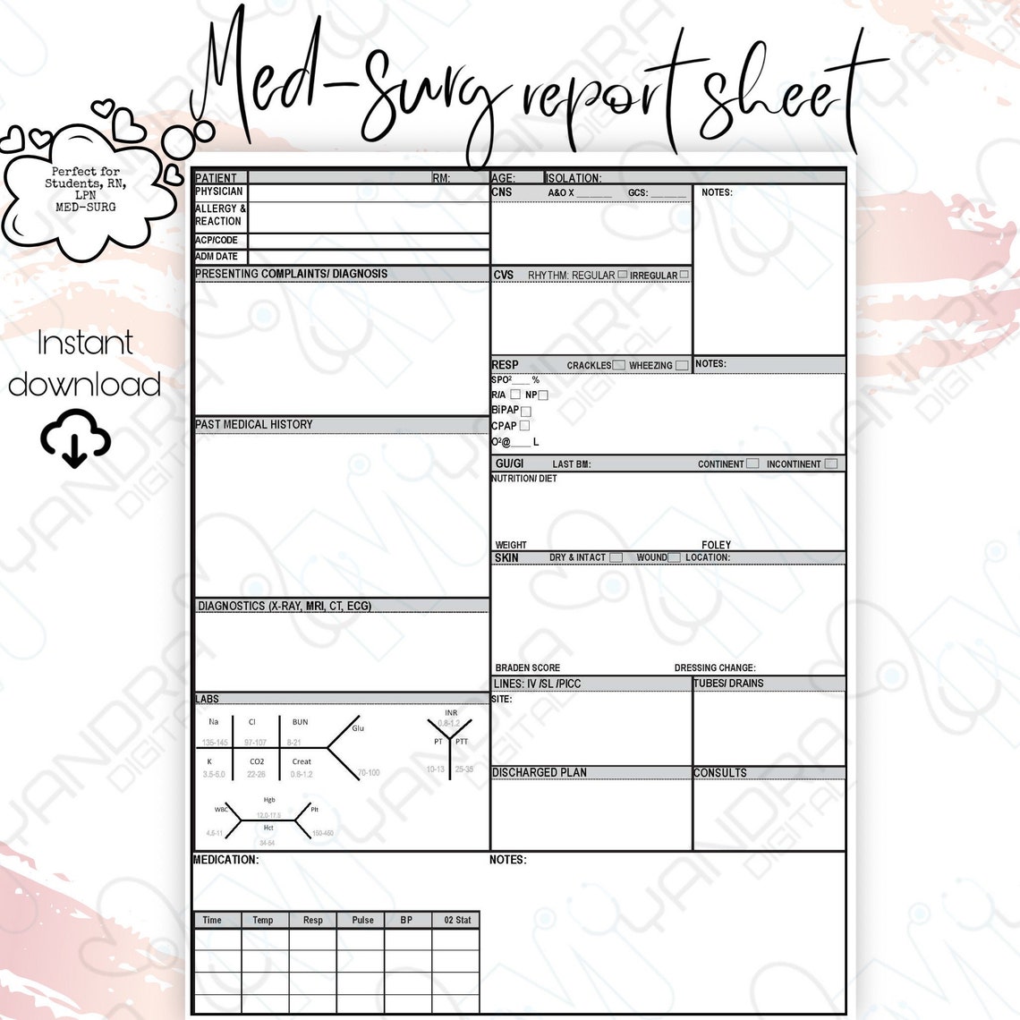 Printable Med-surg Report Sheet, Nurse Brain Sheet, Student Clinical ...