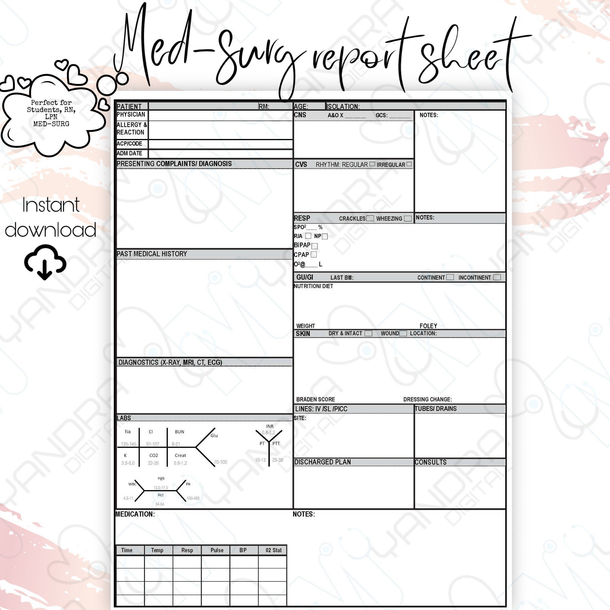 Printable Med-surg Report Sheet, Nurse Brain Sheet, Student Clinical ...