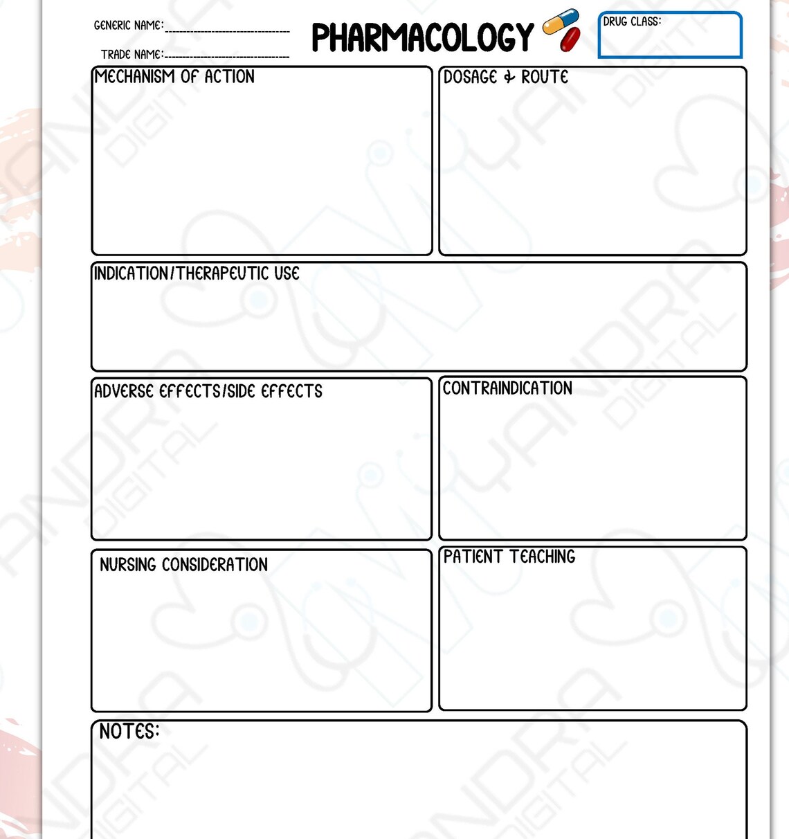 Pharmacology Notes Template for Nursing Students, Drug Template