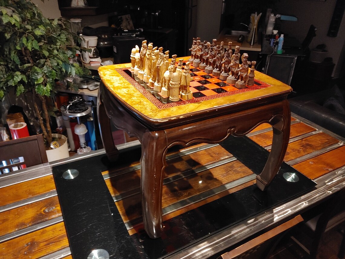 Unique Vintage Wood Chess Table w/ 6 Sculpt Wood Pieces Etsy