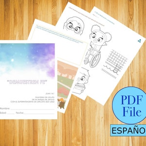 Op de afbeelding: Een zwart-witte printbare werkblaad met de titel "DEMUESTREN FE" en de tekst "JUAN 14:1"  "Asamblea de circuito de los testigos de Jehová"  "CON EL SUPERINTENDENTE DE CIRCURO 2021-2022"  "Nombre:  Edad:  Fecha:"