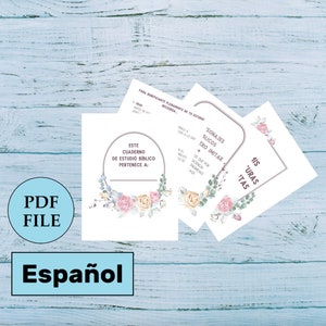 Peut inclure: Trois pages imprimables avec des motifs floraux et du texte en espagnol. La première page contient un cercle avec le texte "Este Cuaderno de Estudio Biblico Pertenece A:". La deuxième page contient le texte "Sonajes Blicos Que Imitar" et "Sus "Uras" Itas". La troisième page contient le texte "Para Beneficiarte Plenamente de Tu Estudio Recuerda" et "Modele a Dios a Lo Que El Es".