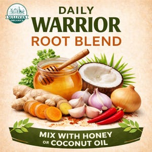 May include: An image of a variety of ingredients, including ginger, turmeric, garlic, onions, red peppers, and a coconut half. A jar of honey with a honey dipper is in the center. Text reads "Daily Warrior Root Blend" and "Mix with Honey or Coconut Oil."