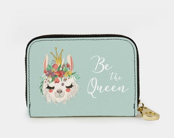 Llama "Be the Queen" Quote Zipper Wallet, RFID Protection Zip Card Holder, 11 Pocket Vegan Leather Wallet, Cute Pastel Quote Gift for Her