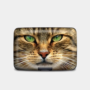 Cartera blindada RFID de gato atigrado de ojos verdes, tarjetero rígido con protección RFID, cartera de aluminio de 6 bolsillos, cartera marrón de gato, regalo para ella