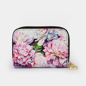 Cartera con cremallera de peonías rosas, tarjetero con cremallera y protección RFID, tarjetero de piel vegana con 11 bolsillos y cremallera, cartera floral, regalo para ella