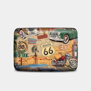 Cartera de viaje con collage de la Ruta 66, con protección RFID, tarjetero rígido, billetera de aluminio de 6 bolsillos, ideal para viajes por carretera.