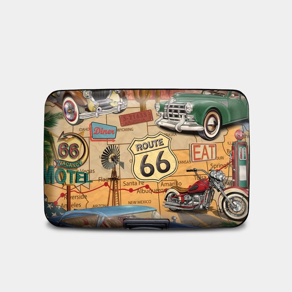 Armored RFID Route 66 Travel Collage Wallet, RFID Protection Hard Case Card Holder, 6 Pocket Aluminum Wallet, Road Trip Traveler Wallet Gift