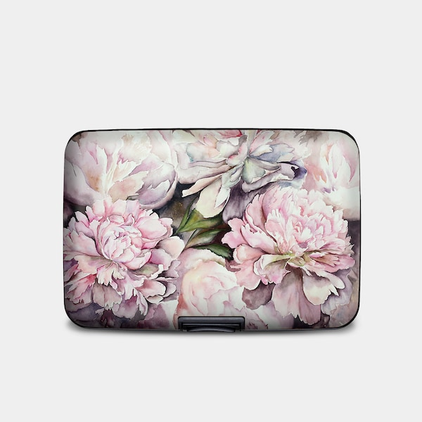 Armored RFID Peonies Wallet, RFID Protection Hard Case Card Holder, 6 Pocket Aluminum Wallet, Pink Peony Flowers Wallet Gifts for Her