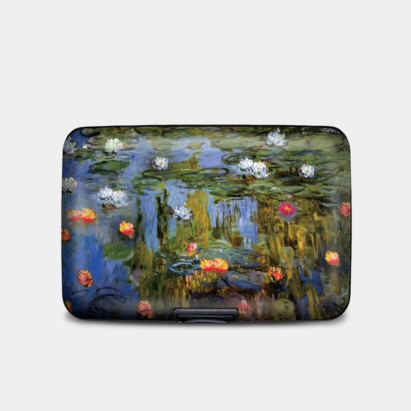 Armored RFID Monet Water Lilies Wallet, RFID Protection Hard Case Card Holder, 6 Pocket Aluminum Wallet, Classic Art Lover Lily Wallet Gift