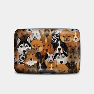 Cartera RFID blindada con collage de razas de perros, tarjetero rígido con protección RFID, cartera de aluminio de 6 bolsillos, husky, caniche, dálmata, bóxer.