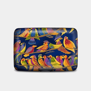 Cartera Laurel Burch con diseño de pájaros cantores y protección RFID, tarjetero rígido, billetera de aluminio con 6 bolsillos, regalo de aves silvestres coloridas.
