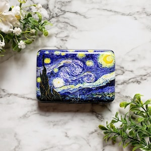 Cartera blindada RFID Van Gogh Noche Estrellada, tarjetero rígido con protección RFID, cartera de aluminio de 6 bolsillos, ideal como regalo para amantes del arte clásico.