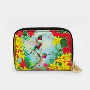 Cartera con cremallera de colibríes, tarjetero con cremallera y protección RFID, cartera de cuero vegano con 11 bolsillos, tarjetero con cremallera floral de colibríes, regalo