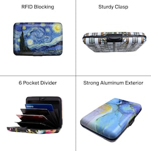 Peut inclure: Un portefeuille en m&eacute;tal avec une vari&eacute;t&eacute; de motifs, dont une sc&egrave;ne de nuit &eacute;toil&eacute;e, un motif g&eacute;om&eacute;trique, un motif floral et un motif marbr&eacute;. Le portefeuille a un fermoir robuste, une technologie de blocage RFID et un diviseur &agrave; 6 poches.