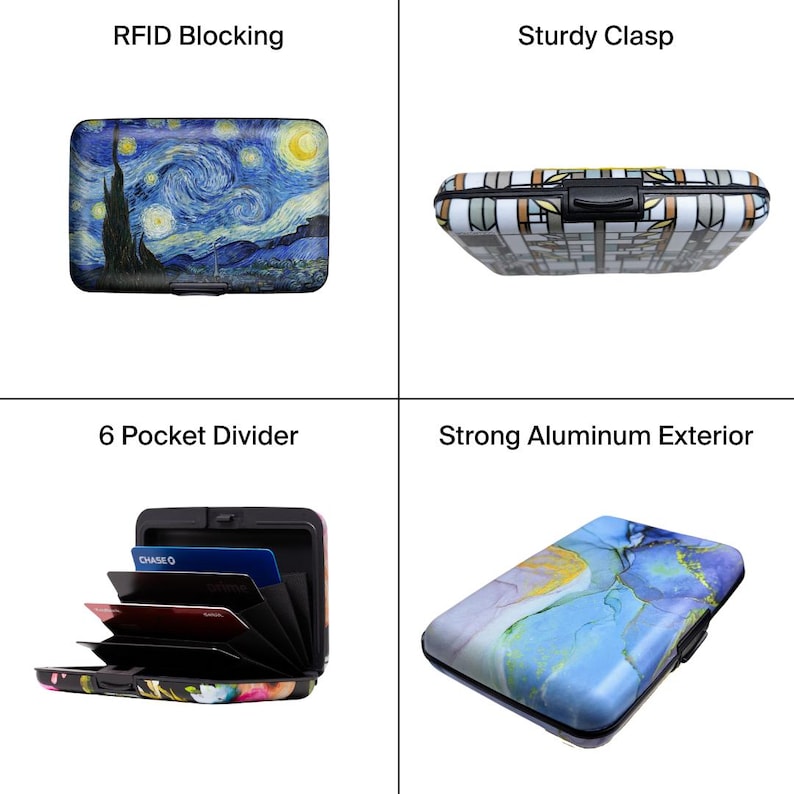 Peut inclure: Un portefeuille en m&eacute;tal avec une vari&eacute;t&eacute; de motifs, dont une sc&egrave;ne de nuit &eacute;toil&eacute;e, un motif g&eacute;om&eacute;trique, un motif floral et un motif marbr&eacute;. Le portefeuille a un fermoir robuste, une technologie de blocage RFID et un diviseur &agrave; 6 poches.
