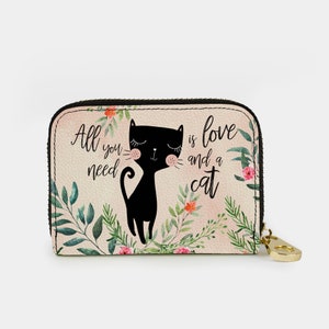 Cartera con cremallera y frase "Love and a Cat", tarjetero con cremallera y protección RFID, 11 bolsillos de piel vegana, tarjetero con cremallera, regalo con frase "Love and a Cat"