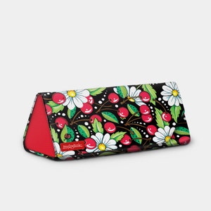 Mary Engelbreit Cherries & Daisies Foldable Eyeglass Case, Easy Fold Sunglass Holder Vegan Leather Magnetic Clasp Cute Cherry Glasses Holder