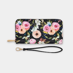Cartera de mano con diseño floral en negro, tarjetero para teléfono, cartera plegable con flores blancas y rosas, cartera larga de gran capacidad para mujer.