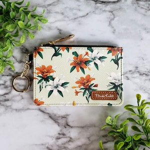 Cartera con llavero y diseño de lirios tigre de Frida Kahlo, tarjetero con llavero y protección RFID, cartera de mano, monedero, cartera de cuero vegano con flores de menta