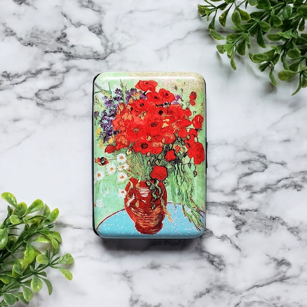 Armored RFID Van Gogh Poppies Vase Wallet, RFID Protection Hard Case Card Holder, 6 Pocket Aluminum Wallet, Classic Art Lover Floral Wallet