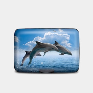 Cartera RFID blindada con diseño de delfines, tarjetero rígido con protección RFID, cartera de aluminio de 6 bolsillos, cartera con diseño de delfines saltando, ideal como regalo para amantes del océano.