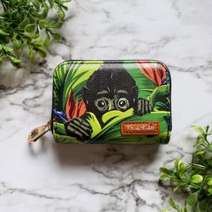 Cartera con cremallera de mono bebé de Frida Kahlo, tarjetero con cremallera y protección RFID, cartera de piel vegana con 11 bolsillos, cartera de gorila bebé con hojas