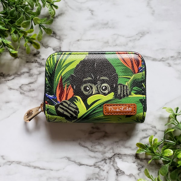 Frida Kahlo Baby Monkey Zipper Wallet, RFID Protection Zip Card Holder, 11 Pocket Vegan Leather Wallet, Baby Gorilla in Leaves Wallet