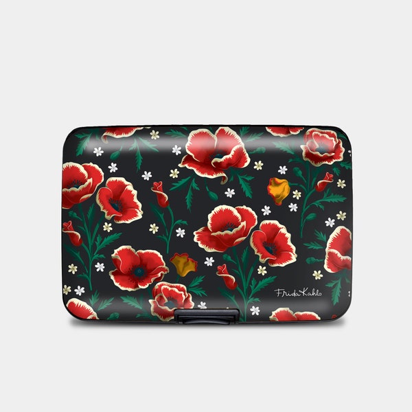 Frida Kahlo Poppies Armored RFID Wallet, RFID Protection Hard Case Card Holder, 6 Pocket Aluminum Wallet, Poppy Floral Wallets for Her