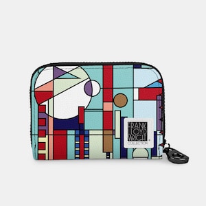 Cartera con cremallera Frank Lloyd Wright City by the Sea, tarjetero con cremallera y protección RFID, 11 bolsillos, de cuero vegano, con diseño geométrico en verde azulado.