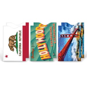 May include: Set of three card protectors featuring California-themed designs. One protector features the California Republic flag with a bear, another features the text "Greetings from Hollywood" with a retro design, and the third features a painting of the Golden Gate Bridge.