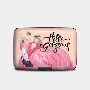 Cartera RFID blindada con diseño de flamencos, tarjetero rígido con protección RFID, billetera de aluminio de 6 bolsillos, con una linda corona de flores de flamenco.