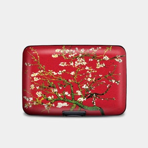 Cartera Van Gogh con flores de almendro rojo, tarjetero rígido con protección RFID, cartera de aluminio con 6 bolsillos, cartera clásica para amantes del arte, regalo para ella.