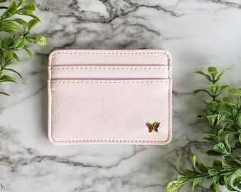 Minimalist Pastel Pink Slim Wallet, RFID Protection Slim Card Holder, Vegan Leather Card Case ID Holder, Rose Petal Pink RFID Wallet for Her