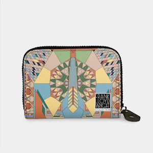 Frank Lloyd Wright Imperial Peacock Zipper Wallet, RFID Protection Zip Card Holder, 11 Pocket Vegan Leather Wallet for Women, Architect Gift