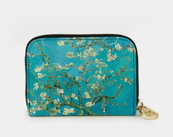 Van Gogh Almond Blossoms Zipper Wallet, RFID Protection Zip Card Holder, 11 Pocket Vegan Leather Wallet, Zipper Card Holder Artists Gifts