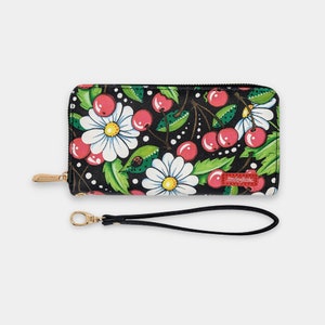 Cartera de muñeca Mary Engelbreit Cherry Daisy, tarjetero y billetera para teléfono, cartera plegable colorida de gran capacidad, cartera larga para mujer.