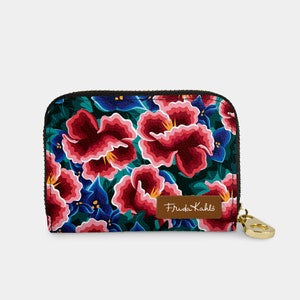 Cartera con cremallera de hibisco de Frida Kahlo, tarjetero con cremallera y protección RFID, cartera de cuero vegano con 11 bolsillos, diseño floral de hibisco rosa y morado.