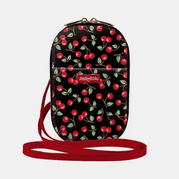 Mary Engelbreit Cherries Vegan Leather Crossbody Bag, Adjustable Strap Small Purse, Clutch Bag, Phone Bag, Minimalist Painted Cherry Bag