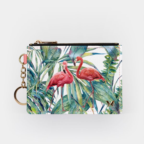 Tropical Leaves and Flamingos Keychain Wallet, RFID Protection Key Ring Card Holder, Coin Purse, Palm Tree & Flamingo Wallet Gifts for Her