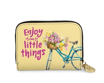 Enjoy the Little Things Zipper Wallet, RFID Protection Bicycle & Flowers Vegan Leather Card Holder