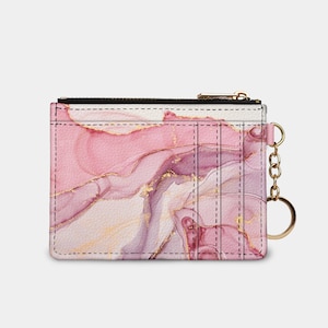 Pink Marble Watercolor Keychain Wallet, RFID Protection Keychain Card Holder, Clutch Purse, Coin Purse, Simple RFID Key Ring Wallet