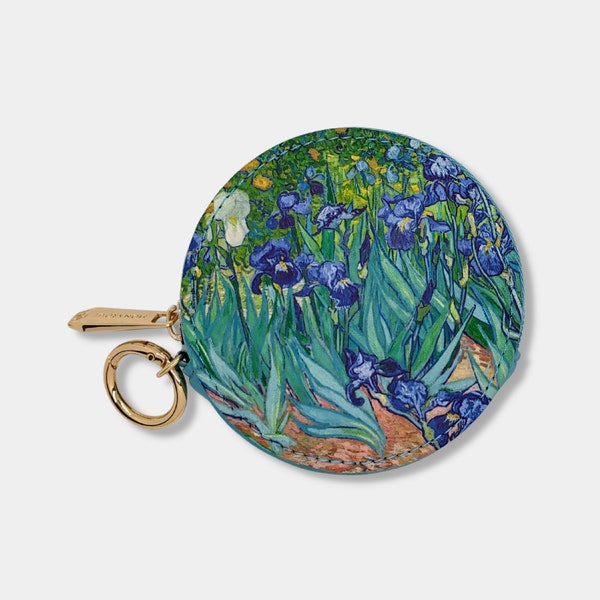 Van Gogh Irises Round Zipper Case, Vegan Leather Travel Bag, Small Round Coin Keychain Purse, Floral Jewelry Cords Earbuds Sewing Organizer