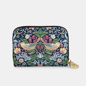William Morris Strawberry Thief Zipper Wallet, RFID Protection Zip Card Holder, 11 Pocket Vegan Leather Wallet, Birds Berry Textile Art
