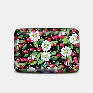 Cartera blindada Mary Engelbreit con diseño de cerezas y margaritas, tarjetero rígido con protección RFID, cartera de aluminio con 6 bolsillos, carteras RFID para mujer