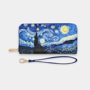 Cartera de muñeca con diseño de noche estrellada, tarjetero para teléfono, cartera de mano Van Gogh de piel vegana, cartera larga de gran capacidad para mujer.