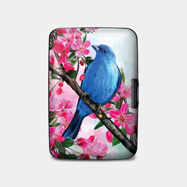 Blue Bird RFID Armored Wallet, RFID Protection Hard Case Card Holder, 6 Pocket Aluminum Wallet, Wild Bird on Floral Branch Wallet